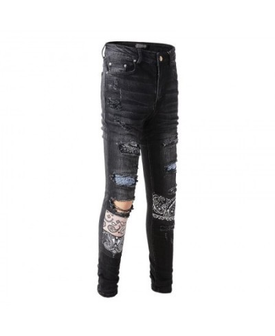 Men's Slim Fit Streetwear Fashion Style Distressed Skinny Stretch Destroyed Holes Tie Dye Bandana Patchwork Slim Fit Jeans $1...