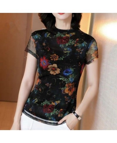 Vintage Printed Spliced Gauze Floral T-Shirt Women's Clothing 2023 Spring New Oversized Casual Pullovers Office Lady Tee Shir...