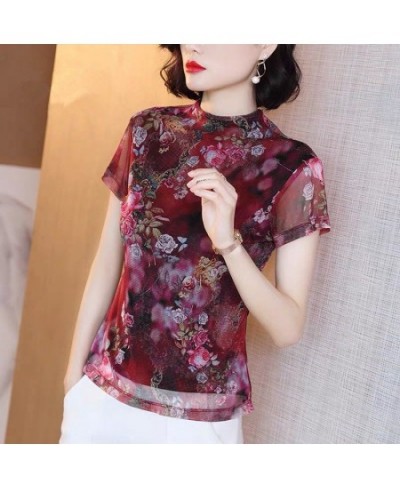 Vintage Printed Spliced Gauze Floral T-Shirt Women's Clothing 2023 Spring New Oversized Casual Pullovers Office Lady Tee Shir...