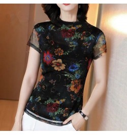 Vintage Printed Spliced Gauze Floral T-Shirt Women's Clothing 2023 Spring New Oversized Casual Pullovers Office Lady Tee Shir...