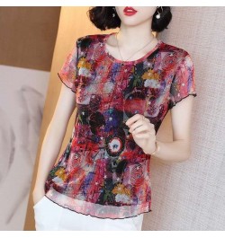 Vintage Printed Spliced Gauze Floral T-Shirt Women's Clothing 2023 Spring New Oversized Casual Pullovers Office Lady Tee Shir...