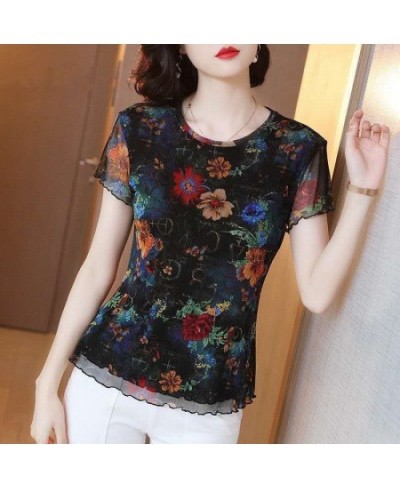 Vintage Printed Spliced Gauze Floral T-Shirt Women's Clothing 2023 Spring New Oversized Casual Pullovers Office Lady Tee Shir...