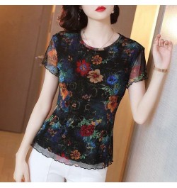 Vintage Printed Spliced Gauze Floral T-Shirt Women's Clothing 2023 Spring New Oversized Casual Pullovers Office Lady Tee Shir...