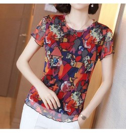 Vintage Printed Spliced Gauze Floral T-Shirt Women's Clothing 2023 Spring New Oversized Casual Pullovers Office Lady Tee Shir...