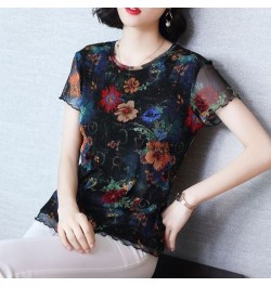 Vintage Printed Spliced Gauze Floral T-Shirt Women's Clothing 2023 Spring New Oversized Casual Pullovers Office Lady Tee Shir...