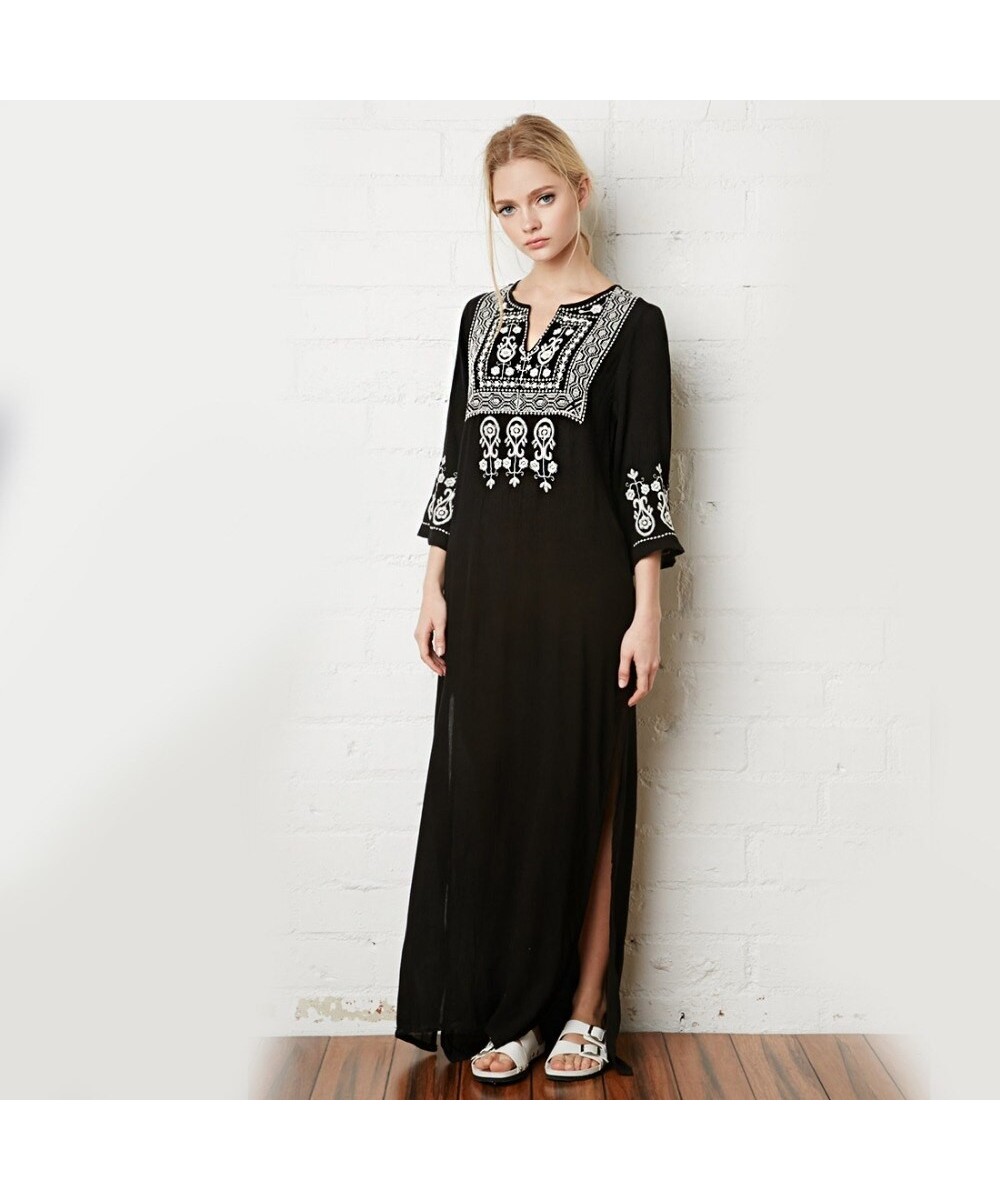 Khale Yose Floral Embroidery Dress V-Neck Black Vintage Maxi Dresses Cotton Holiday Boho Ethnic Chic Split Beach Women Clothi...