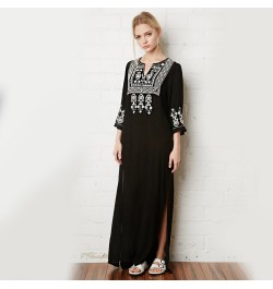 Khale Yose Floral Embroidery Dress V-Neck Black Vintage Maxi Dresses Cotton Holiday Boho Ethnic Chic Split Beach Women Clothi...