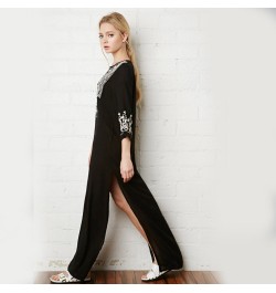 Khale Yose Floral Embroidery Dress V-Neck Black Vintage Maxi Dresses Cotton Holiday Boho Ethnic Chic Split Beach Women Clothi...