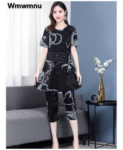 Oversized 4XL Design Printed Outfits Women Summer Short Sleeve Mid-lengh T-shirt + Knee Length Pant Chic Tracksuit 2 Piece Se...