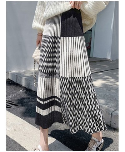 Women Knitted Skirt 2022 Fall Winter Fashion Contrast Color Geometric Printed A Line High Waist Midi Long Skirt Female $51.18...