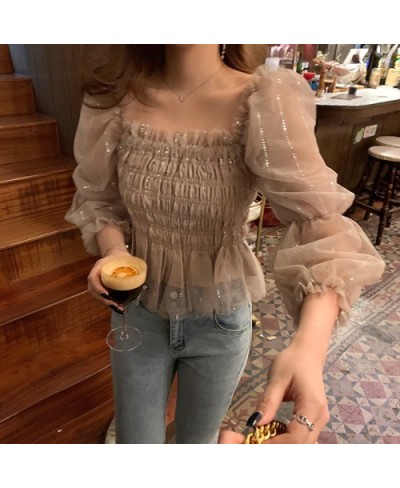 Chiffon Blouse Women Tops Solid Slash Neck Puff Sleeve Spring Sweet Shirts Ruffles Sequins Blusas Mujer 2023 Ins $35.36 - Blo...