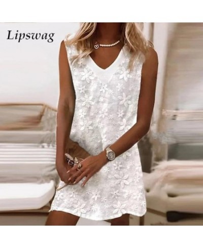 2023 Boho Casual Ladies White Street Dress Women V Neck Lace Loose Mini Dress Summer Flower Print Sleeveless Vest Dress $35.8...