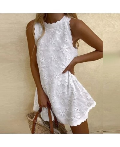 2023 Boho Casual Ladies White Street Dress Women V Neck Lace Loose Mini Dress Summer Flower Print Sleeveless Vest Dress $35.8...