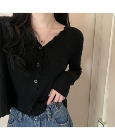 Korean Fashion Cardigan for Women Solid Color Single Breasted V-Neck Slim Long Sleeve Top Spring/Autumn Women's Sweater $26.4...