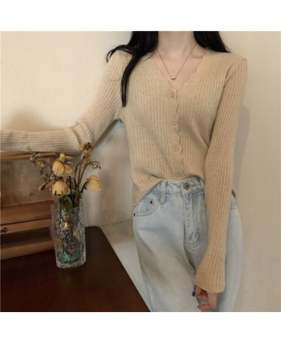 Korean Fashion Cardigan for Women Solid Color Single Breasted V-Neck Slim Long Sleeve Top Spring/Autumn Women's Sweater $26.4...