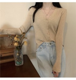 Korean Fashion Cardigan for Women Solid Color Single Breasted V-Neck Slim Long Sleeve Top Spring/Autumn Women's Sweater $26.4...