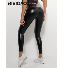 New Butt Lift PU Leather Leggings Pants Women's High Waist Elastic Solid Color Shiny Black Sexy Tight-Fitting Leggings $39.47...