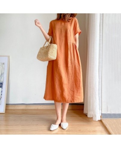 Korean Fashion Women Short Sleeve Dresses Solid Simple M-4XL Retro Cotton and Linen Breathable Leisure Loose Mid-calf Vestido...