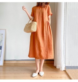 Korean Fashion Women Short Sleeve Dresses Solid Simple M-4XL Retro Cotton and Linen Breathable Leisure Loose Mid-calf Vestido...