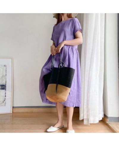 Korean Fashion Women Short Sleeve Dresses Solid Simple M-4XL Retro Cotton and Linen Breathable Leisure Loose Mid-calf Vestido...