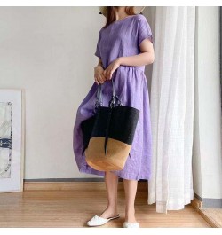 Korean Fashion Women Short Sleeve Dresses Solid Simple M-4XL Retro Cotton and Linen Breathable Leisure Loose Mid-calf Vestido...