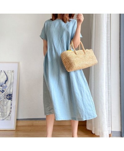 Korean Fashion Women Short Sleeve Dresses Solid Simple M-4XL Retro Cotton and Linen Breathable Leisure Loose Mid-calf Vestido...