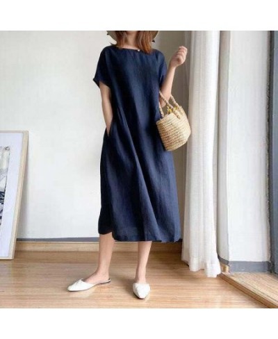 Korean Fashion Women Short Sleeve Dresses Solid Simple M-4XL Retro Cotton and Linen Breathable Leisure Loose Mid-calf Vestido...