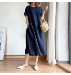 Korean Fashion Women Short Sleeve Dresses Solid Simple M-4XL Retro Cotton and Linen Breathable Leisure Loose Mid-calf Vestido...