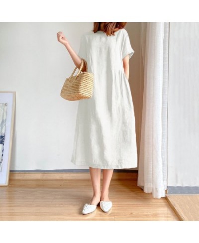 Korean Fashion Women Short Sleeve Dresses Solid Simple M-4XL Retro Cotton and Linen Breathable Leisure Loose Mid-calf Vestido...