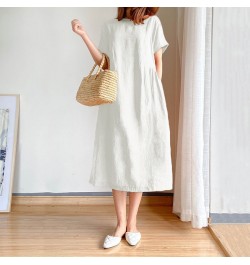 Korean Fashion Women Short Sleeve Dresses Solid Simple M-4XL Retro Cotton and Linen Breathable Leisure Loose Mid-calf Vestido...