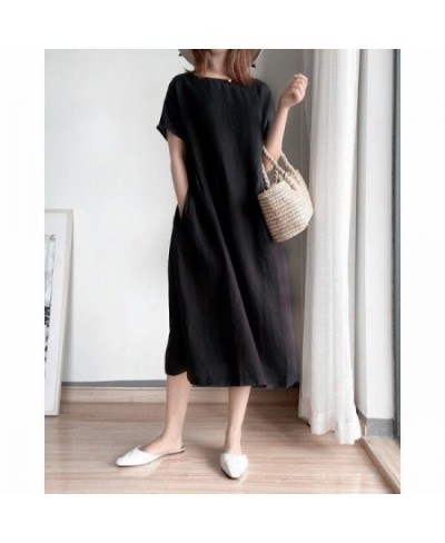 Korean Fashion Women Short Sleeve Dresses Solid Simple M-4XL Retro Cotton and Linen Breathable Leisure Loose Mid-calf Vestido...