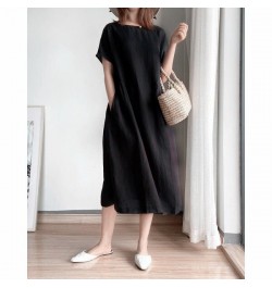 Korean Fashion Women Short Sleeve Dresses Solid Simple M-4XL Retro Cotton and Linen Breathable Leisure Loose Mid-calf Vestido...