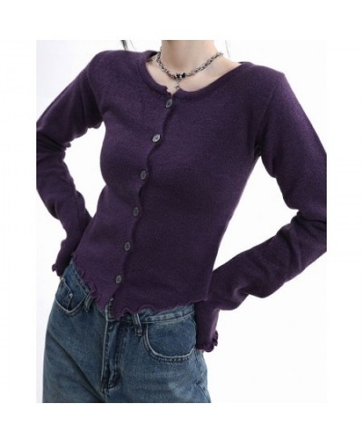 Purple Short Single Breasted Long Sleeve Cardigan Women 2022 Autumn and Winter New Slim-fit Women with a Hundred Top $26.40 -...