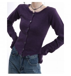 Purple Short Single Breasted Long Sleeve Cardigan Women 2022 Autumn and Winter New Slim-fit Women with a Hundred Top $26.40 -...