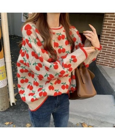 2023 New Autumn Winter Women Cherry Sweaters Long Sleeve O-neck Causal Knitted Pullover Tops Sweet Pull Jumpers Retro Pullove...