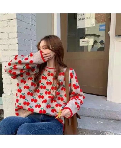 2023 New Autumn Winter Women Cherry Sweaters Long Sleeve O-neck Causal Knitted Pullover Tops Sweet Pull Jumpers Retro Pullove...