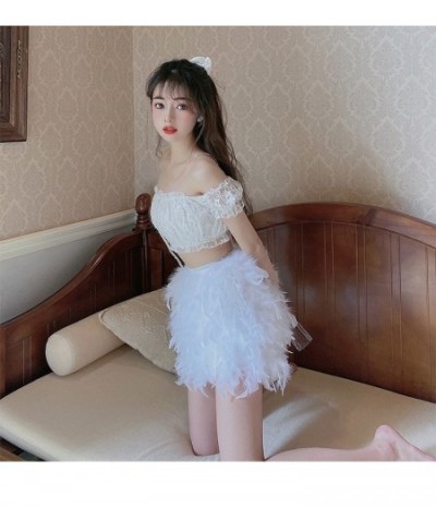 Real Ostrich Feather Furry White Mini Short Skirts Lady Female Women's Skirt S22 $56.28 - Skirts