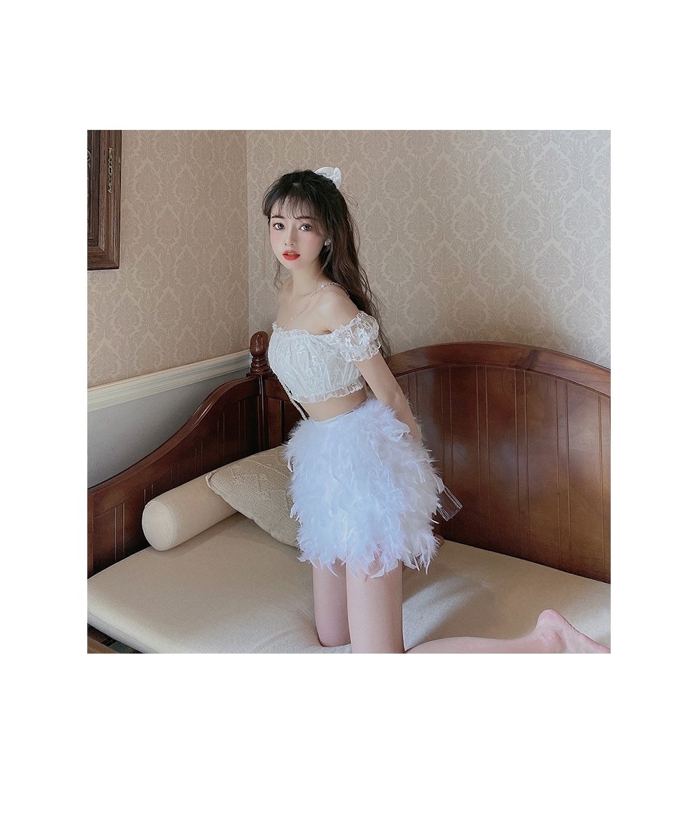 Real Ostrich Feather Furry White Mini Short Skirts Lady Female Women's Skirt S22 $56.28 - Skirts