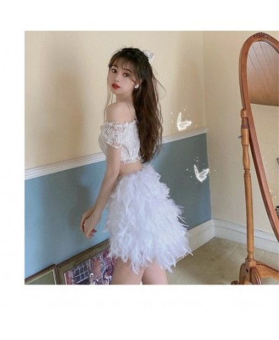 Real Ostrich Feather Furry White Mini Short Skirts Lady Female Women's Skirt S22 $56.28 - Skirts