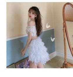 Real Ostrich Feather Furry White Mini Short Skirts Lady Female Women's Skirt S22 $56.28 - Skirts