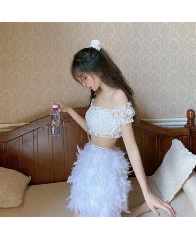 Real Ostrich Feather Furry White Mini Short Skirts Lady Female Women's Skirt S22 $56.28 - Skirts