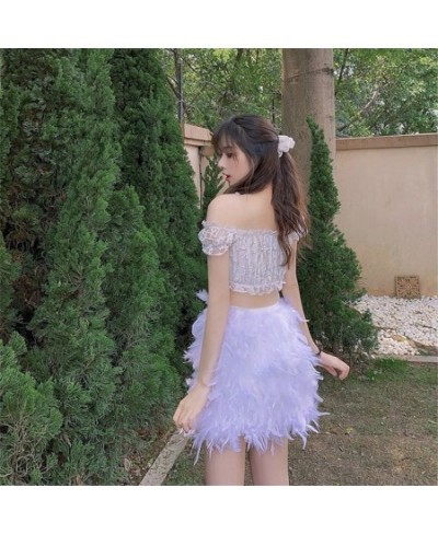 Real Ostrich Feather Furry White Mini Short Skirts Lady Female Women's Skirt S22 $56.28 - Skirts