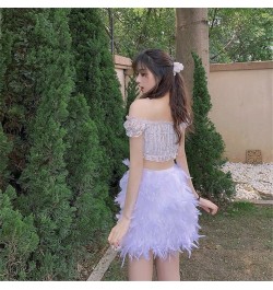 Real Ostrich Feather Furry White Mini Short Skirts Lady Female Women's Skirt S22 $56.28 - Skirts