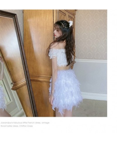 Real Ostrich Feather Furry White Mini Short Skirts Lady Female Women's Skirt S22 $56.28 - Skirts