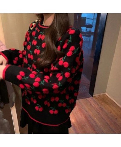 2023 New Autumn Winter Women Cherry Sweaters Long Sleeve O-neck Causal Knitted Pullover Tops Sweet Pull Jumpers Retro Pullove...