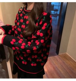 2023 New Autumn Winter Women Cherry Sweaters Long Sleeve O-neck Causal Knitted Pullover Tops Sweet Pull Jumpers Retro Pullove...