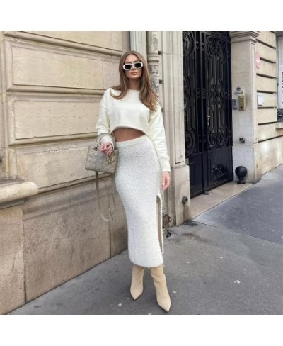 2023 New White Knit Midi Skirt Women Elastic High-waist Elegant Vent Skirts for Women Chic Lady Female Clothing $41.23 - Skirts