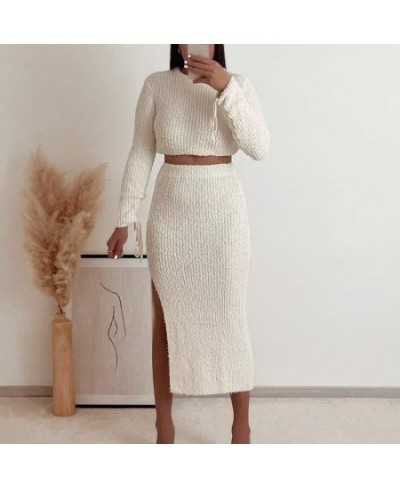 2023 New White Knit Midi Skirt Women Elastic High-waist Elegant Vent Skirts for Women Chic Lady Female Clothing $41.23 - Skirts