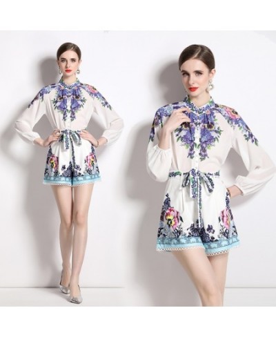 Outfits 2pcs Sets Spring Summer Vintage Floral Print Collar Long Sleeve Women Ladies Top Shirt Blouse Shorts Suits $47.02 - S...