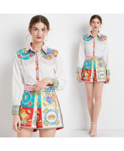 Outfits 2pcs Sets Spring Summer Vintage Floral Print Collar Long Sleeve Women Ladies Top Shirt Blouse Shorts Suits $47.02 - S...